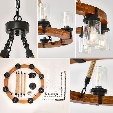 ELEMENT ACE 8-Light Rustic Wooden Chandelier with Seeded Glass Shades for Dining Room Lighting