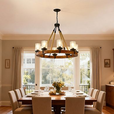 ELEMENT ACE 8-Light Rustic Wooden Chandelier with Seeded Glass Shades for Dining Room Lighting
