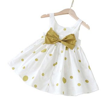 Polka Dot Pattern Sleeveless Round Collar Dress With Bow