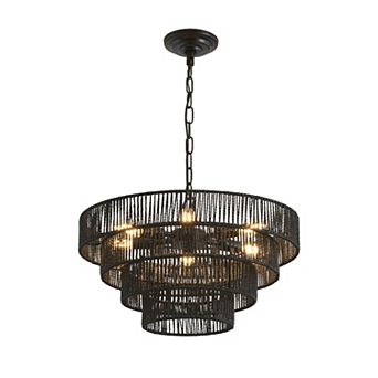 ELEMENT ACE Four-Tier Hemp Rope Chandelier Pendant Light with 6 Sockets for Dining Room Kitchen