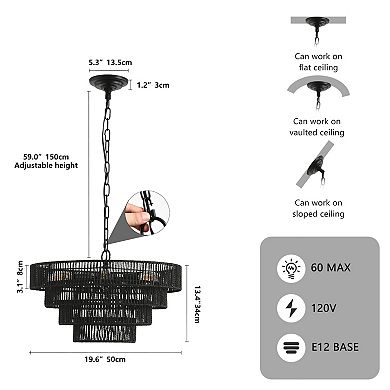 ELEMENT ACE Four-Tier Hemp Rope Chandelier Pendant Light with 6 Sockets for Dining Room Kitchen