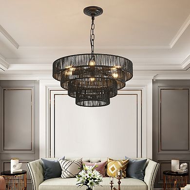 ELEMENT ACE Four-Tier Hemp Rope Chandelier Pendant Light with 6 Sockets for Dining Room Kitchen