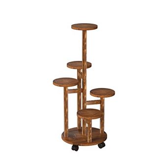 5 tier Wooden Plant Stand with Wheels Rolling Shelf Display Rack for Indoor & Outdoor Pots