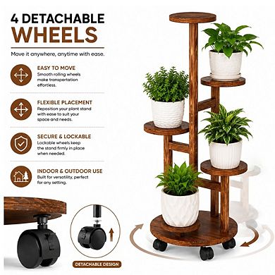 5-Tier Wooden Plant Stand with Wheels Rolling Shelf Display Rack for Indoor & Outdoor Pots