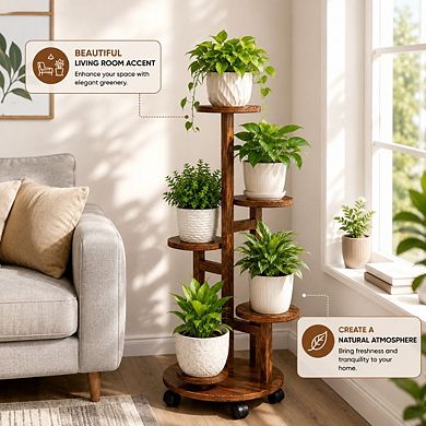5-Tier Wooden Plant Stand with Wheels Rolling Shelf Display Rack for Indoor & Outdoor Pots