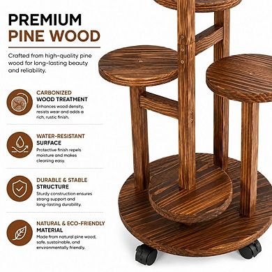 5-Tier Wooden Plant Stand with Wheels Rolling Shelf Display Rack for Indoor & Outdoor Pots