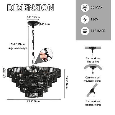ELEMENT ACE Five-Tier Rustic Hemp Rope Pendant Light Chandelier with Eight E12 Sockets