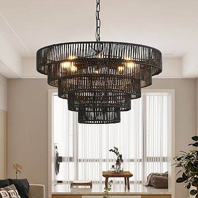 ELEMENT ACE Five-Tier Rustic Hemp Rope Pendant Light Chandelier with Eight E12 Sockets