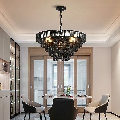 ELEMENT ACE Five-Tier Rustic Hemp Rope Pendant Light Chandelier with Eight E12 Sockets