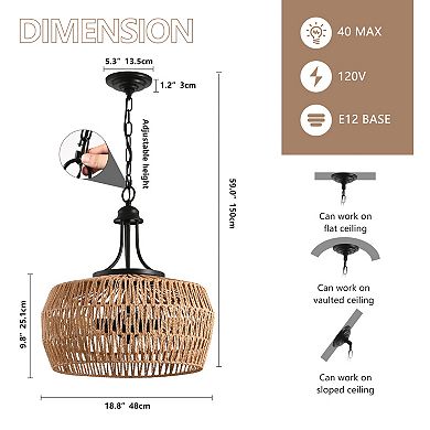ELEMENT ACE Hand-Woven Natural Rope Pendant Light Fixture with Adjustable Chain for Kitchen Island