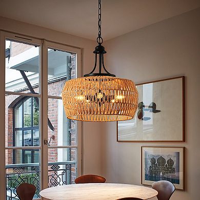 ELEMENT ACE Hand-Woven Natural Rope Pendant Light Fixture with Adjustable Chain for Kitchen Island