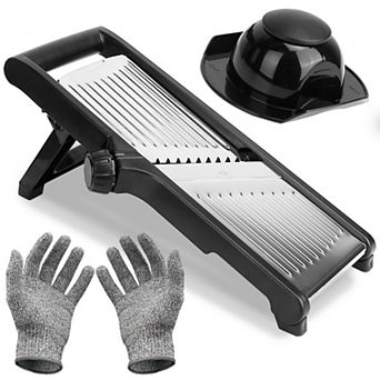 Mandoline Food Slicer: Stainless steel slicer with 5 adjustable blades and food holder—julienne, cho