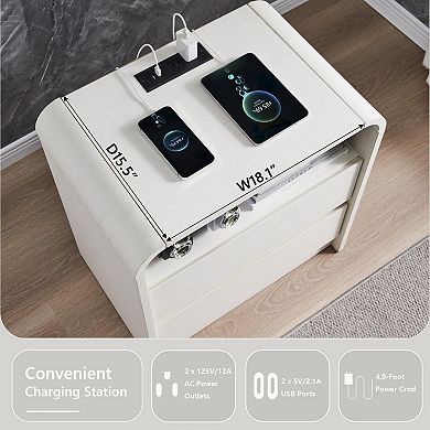2PCS 25" Modern Nightstand with Charging Station, Open Shelf & 2 Drawers Bedside Table for Bedroom