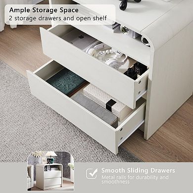 2PCS 25" Modern Nightstand with Charging Station, Open Shelf & 2 Drawers Bedside Table for Bedroom