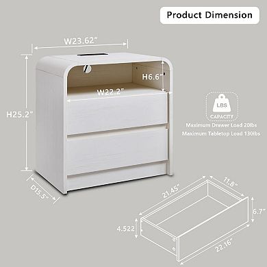 2PCS 25" Modern Nightstand with Charging Station, Open Shelf & 2 Drawers Bedside Table for Bedroom