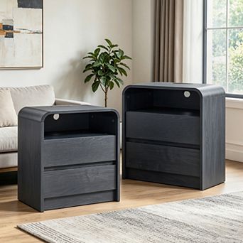 2 pc 25" Modern Nightstand with Charging Station, Open Shelf & 2 Drawers Bedside Table for Bedroom