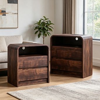 2 pc 25" Modern Nightstand with Charging Station, Open Shelf & 2 Drawers Bedside Table for Bedroom