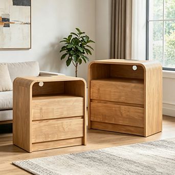 2 pc 25" Modern Nightstand with Charging Station, Open Shelf & 2 Drawers Bedside Table for Bedroom
