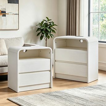2 pc 25" Modern Nightstand with Charging Station, Open Shelf & 2 Drawers Bedside Table for Bedroom