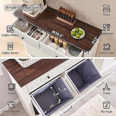 Modern Double Tilt-Out Cabinet, 20 Gallon Fluted Hidden Trash Can & Laundry Hamper with 2 Drawers