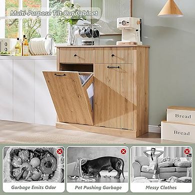Modern Double Tilt-Out Cabinet, 20 Gallon Fluted Hidden Trash Can & Laundry Hamper with 2 Drawers