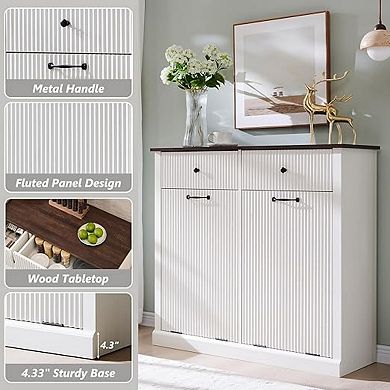 Modern Double Tilt-Out Cabinet, 20 Gallon Fluted Hidden Trash Can & Laundry Hamper with 2 Drawers