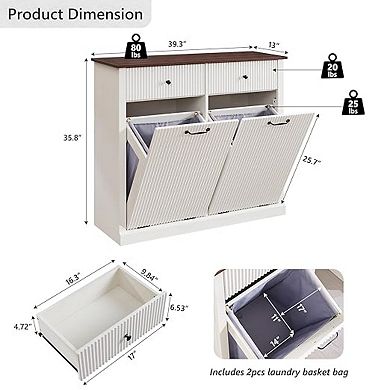 Modern Double Tilt-Out Cabinet, 20 Gallon Fluted Hidden Trash Can & Laundry Hamper with 2 Drawers