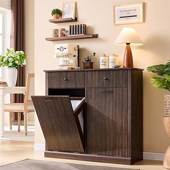 Tilt-Out Trash Cabinet, Fluted Laundry Hamper Cabinet with Drawers, Hidden Garbage Can Bin Cabinet