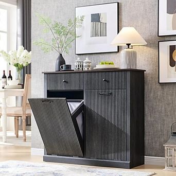 Tilt-Out Trash Cabinet, Fluted Laundry Hamper Cabinet with Drawers, Hidden Garbage Can Bin Cabinet