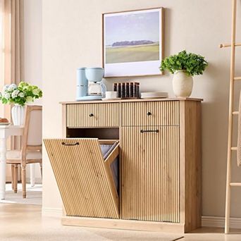 Tilt-Out Trash Cabinet, Fluted Laundry Hamper Cabinet with Drawers, Hidden Garbage Can Bin Cabinet