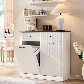 Tilt-Out Trash Cabinet, Fluted Laundry Hamper Cabinet with Drawers, Hidden Garbage Can Bin Cabinet