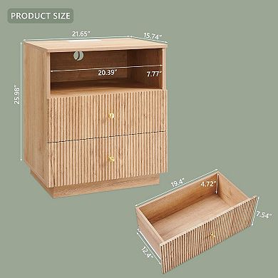 2 Piece Modern 2-Drawer Nightstand with Charging Station, Fluted Wood Bedside Tables