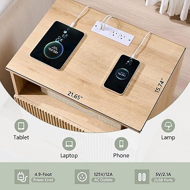 2 Piece Modern 2-Drawer Nightstand with Charging Station, Fluted Wood Bedside Tables