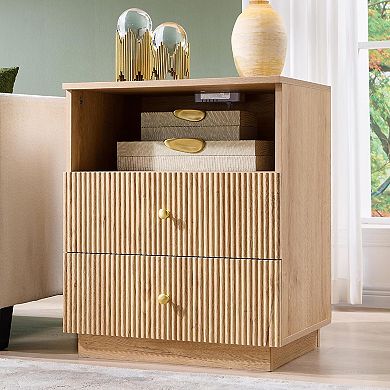 2 Piece Modern 2-Drawer Nightstand with Charging Station, Fluted Wood Bedside Tables