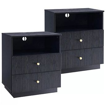 2 pc Modern 2-Drawer Nightstand with Charging Station, Fluted Wood Bedside Tables