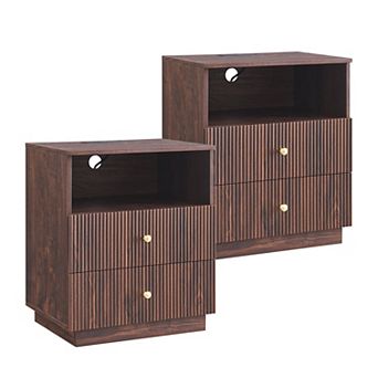 2 pc Modern 2-Drawer Nightstand with Charging Station, Fluted Wood Bedside Tables