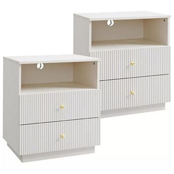 2 pc Modern 2-Drawer Nightstand with Charging Station, Fluted Wood Bedside Tables