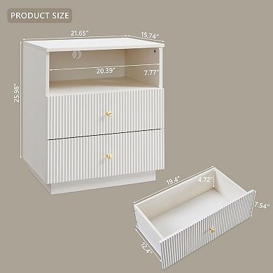 2 Piece Modern 3-Drawer Nightstand with Charging Station, Fluted Wood Bedside Tables