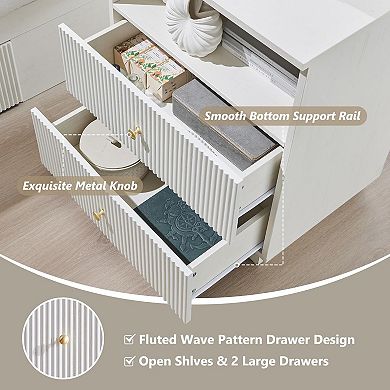 2 Piece Modern 3-Drawer Nightstand with Charging Station, Fluted Wood Bedside Tables