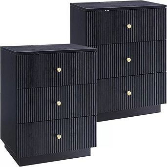 2 pc Modern 3-Drawer Nightstand with Charging Station, Fluted Wood Bedside Tables