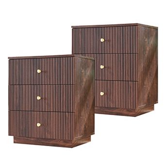 2 pc Modern 3-Drawer Nightstand with Charging Station, Fluted Wood Bedside Tables