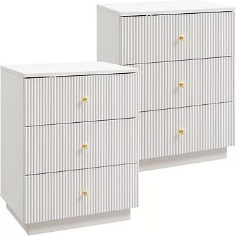 2 pc Modern 3-Drawer Nightstand with Charging Station, Fluted Wood Bedside Tables