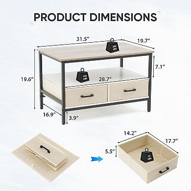 2-Tier 32 in Coffee Table with Storage, Open Display Shelf & Foldable Drawers