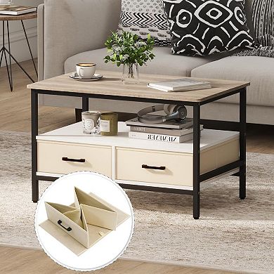2-Tier 32 in Coffee Table with Storage, Open Display Shelf & Foldable Drawers