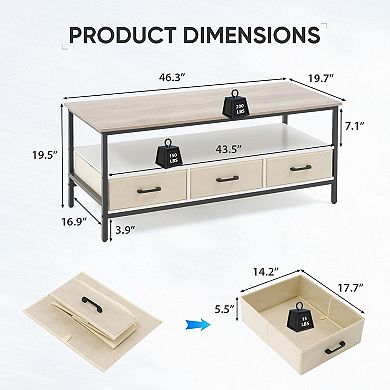 2-Tier 46 in Coffee Table with Storage, Open Display Shelf & Foldable Drawers