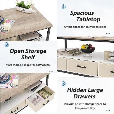 2-Tier 46 in Coffee Table with Storage, Open Display Shelf & Foldable Drawers