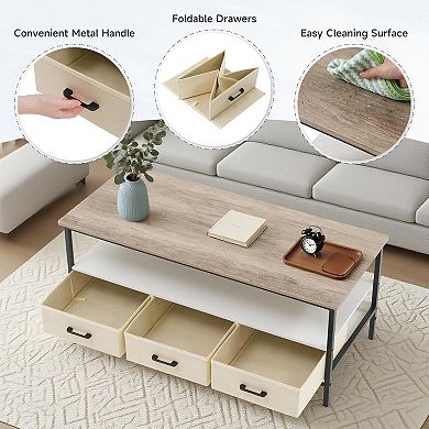 2-Tier 46 in Coffee Table with Storage, Open Display Shelf & Foldable Drawers
