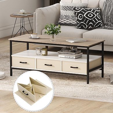 2-Tier 46 in Coffee Table with Storage, Open Display Shelf & Foldable Drawers
