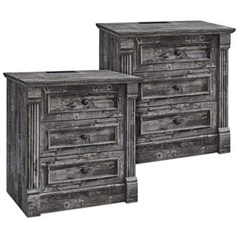 2 pc 26" Farmhouse Nightstand with Charging Station, Roman Column,3 Drawers Dresser for Bedroom