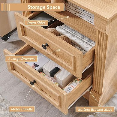 2PCS 26" Farmhouse Nightstand with Charging Station, 2 Drawer, Open Shelf, Bedside Table for Bedroom